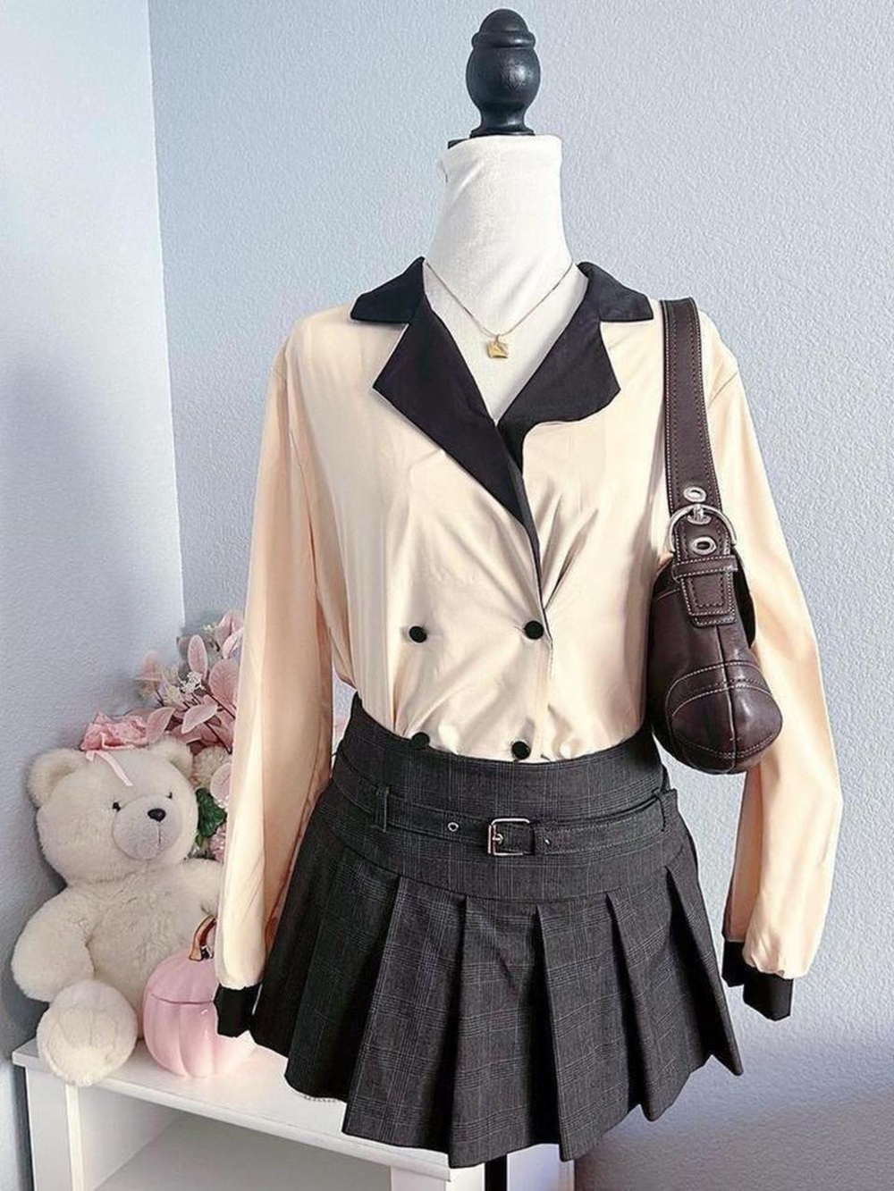 Black Beige Oversized Collar Double Breasted Blouse